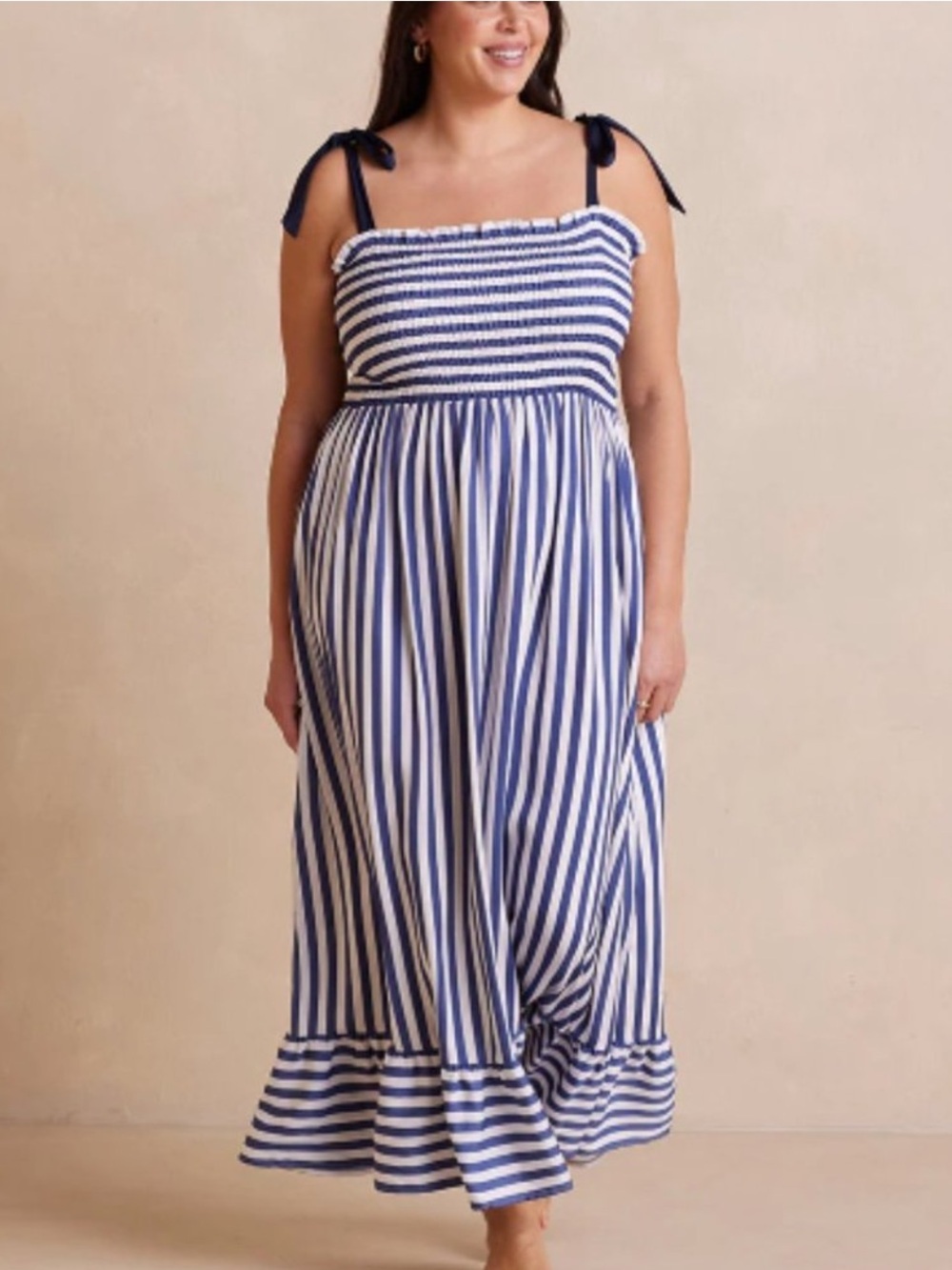SUMMERSALT The Sliky Luxe Smocked Maxi Dress Navy White Stripe Tie Strap NWT